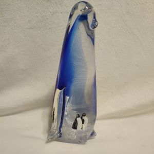 Murano Cobalt 8" Art Glass Mother PENGUIN w/ Babies  Figurine Paperweight